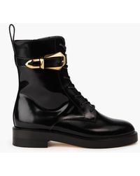 Alberta Ferretti - Buckled Glossed-leather Combat Boots - Lyst
