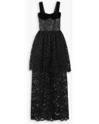 Rasario - Tiered Velvet-trimmed Guipure Lace Gown - Lyst