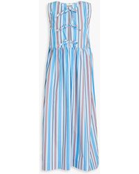 Ganni - Strapless Bow-detailed Striped Cotton-poplin Midi Dress - Lyst