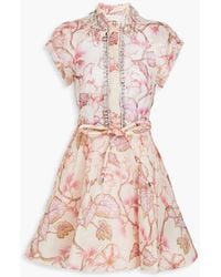 Zimmermann - Minikleid aus gaze aus einer leinen-seidenmischung mit floralem print und kristallverzierung - Lyst