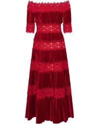 Costarellos Off-the-shoulder Gathered Velvet And Guipure Lace Midi Dress Red