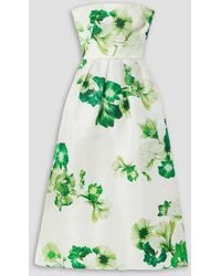 Monique Lhuillier - Strapless Pleated Floral-print Silk-piqué Midi Dress - Lyst