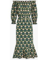 Saloni - Grace schulterfreies midikleid aus crêpe de chine aus seide mit rüschen - Lyst