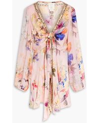 CAMILLA - Minikleid aus crêpe de chine aus seide mit floralem print und cut-outs - Lyst