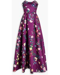Marchesa - Strapless Embellished Floral Print Satin Gown - Lyst