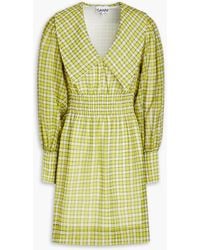 Ganni - Shirred Checked Woven Mini Dress - Lyst