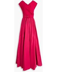 Rhea Costa - Belted Wrap-effect Crepe And Taffeta Gown - Lyst