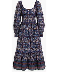 Sea - Noah Shirred Tiered Floral-print Cotton-voile Midi Dress - Lyst