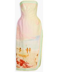 Zimmermann - Strapless Shell-paneled Printed Cotton And Linen-blend Midi Dress - Lyst