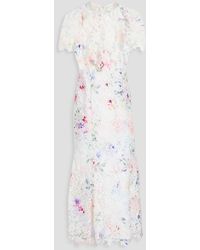 ML Monique Lhuillier - Fluted Floral-print Guipure Lace Midi Dress - Lyst