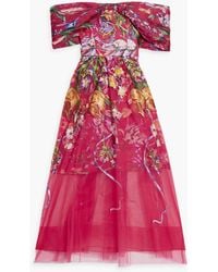 Marchesa - Off-the-shoulder Embroidered Charmeuse And Tulle Midi Dress - Lyst