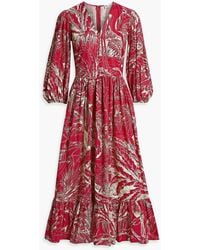 RED Valentino - Gathered Printed Cotton-poplin Midi Dress - Lyst