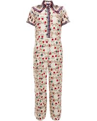Sandro Delfine Twill-paneled Floral-print Jacquard Wide-leg Jumpsuit Ivory - White