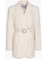 Ganni - Doppelreihiger blazer aus twill aus einer baumwoll-leinenmischung mit gürtel - Lyst
