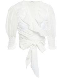 Ganni Jasmine Ruffled Flocked Tulle Wrap Blouse - White