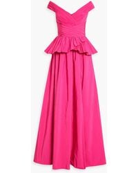 Marchesa - Off-the-shoulder Pleated Ruffled Taffeta Gown - Lyst