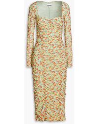 Ganni - Ruched Floral-print Stretch-mesh Midi Dress - Lyst