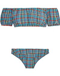 Lisa Marie Fernandez Leandra Off-the-shoulder Checked Bikini Turquoise - Blue