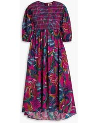 FARM Rio - Smocked Printed Cotton-Poplin Midi Dress - Lyst
