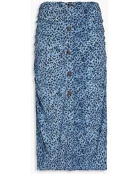 Ganni - Button-embellished Ruched Floral-print Crepe Midi Skirt - Lyst