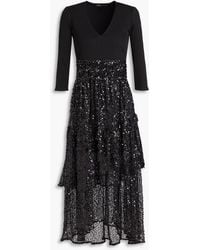 Maje - Sequined Tiered Open-knit And Stretch-jersey Midi Dress - Lyst