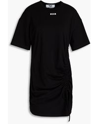 MSGM - Ruched Logo-print Cotton-jersey Mini Dress - Lyst