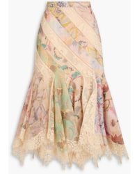 Zimmermann - Midirock aus organza aus einer leinen-seidenmischung mit floralem print und spitzenbesatz - Lyst