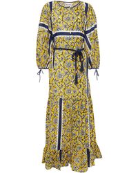 Antik Batik Marius Belted Gathered Floral-print Cotton Midi Dress - Yellow