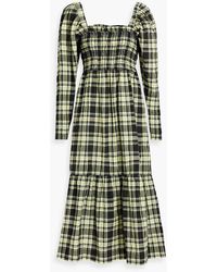 Ganni - Shirred Checked Cotton-blend Seersucker Midi Dress - Lyst