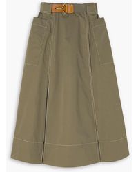 Tory Burch - Leather-trimmed Belted Pleated Cotton-twill Midi Skirt - Lyst
