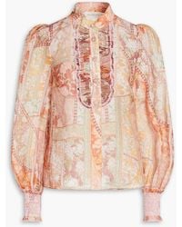 Zimmermann - Ruffled Floral-print Linen And Silk-blend Organza Blouse - Lyst