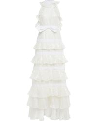 Huishan Zhang Ruffled Metallic Silk-blend Chiffon Gown - White