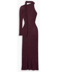 Rabanne - One-sleeve Tie-detailed Metallic Plissé-knit Maxi Dress - Lyst