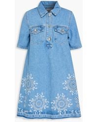 Ganni - Embroidered Denim Mini Shirt Dress - Lyst