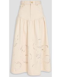 Ganni - Broderie Anglaise Denim Midi Skirt - Lyst