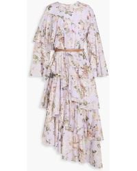 Zimmermann - Asymmetric Belted Floral-Print Cotton Midi Dress - Lyst