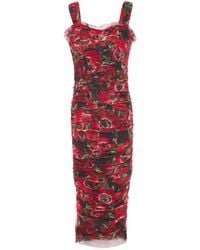 Dolce & Gabbana - Ruched Floral-print Cotton-mesh Midi Dress - Lyst
