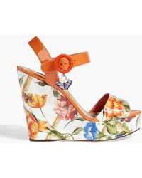 Dolce & Gabbana - Floral-print Patent-leather Wedge Sandals - Lyst