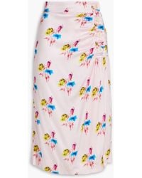 Ganni - Ruched Floral-print Silk-blend Satin Midi Wrap Skirt - Lyst
