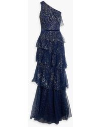 Marchesa - One-shoulder Tiered Glittered Tulle Gown - Lyst