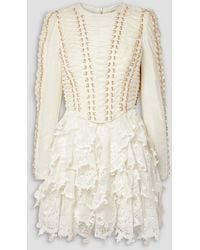 Zimmermann - Ruffled Lace-paneled Embellished Linen And Silk-blend Mini Dress - Lyst