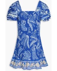 FARM Rio - Bedrucktes minikleid aus baumwolle mit lochstickerei und raffung - Lyst