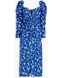 Carolina Herrera - Ruched Floral-print Cotton-blend Poplin Midi Dress - Lyst