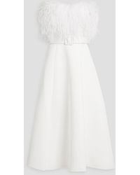 Badgley Mischka - Strapless Belted Faux Feather-embellished Scuba Midi Dress - Lyst