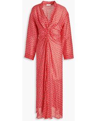 Sandro - Elian Ruched Printed Linen And Silk-blend Midi Dress - Lyst