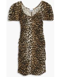 Ganni - Ruched Leopard-print Cotton Mini Dress - Lyst