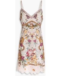 CAMILLA - Lace-Trimmed Crystal-Embellished Printed Silk-Satin Mini Dress - Lyst