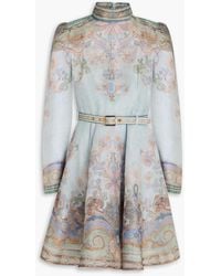 Zimmermann - Belted Paisley-print Linen And Silk-blend Organza Mini Dress - Lyst