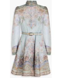 Zimmermann - Minikleid aus organza aus einer leinen-seidenmischung mit paisley-print und gürtel - Lyst