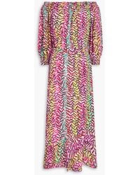 Saloni - Grace Off-The-Shoulder Floral-Print Silk Crepe De Chine Midi Dress - Lyst
